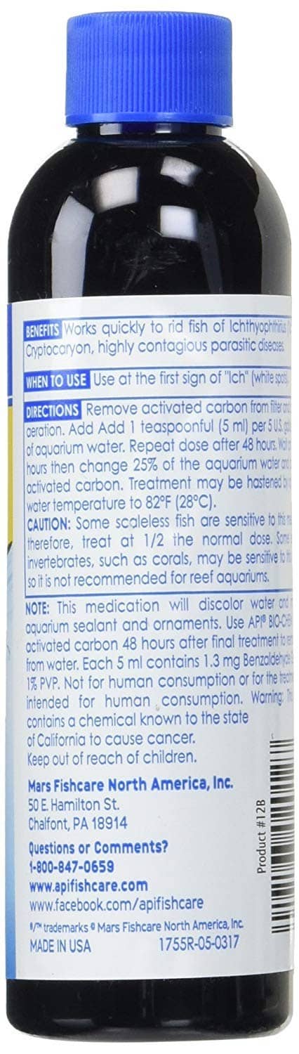 Liquid ick cure bottle back label with barcode and instructions, blue cap, dark bottle.