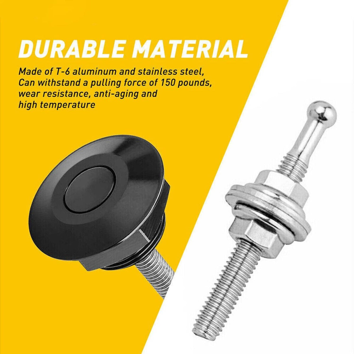 Durable hood latch pins made of T-6 aluminum and stainless steel, black push caps