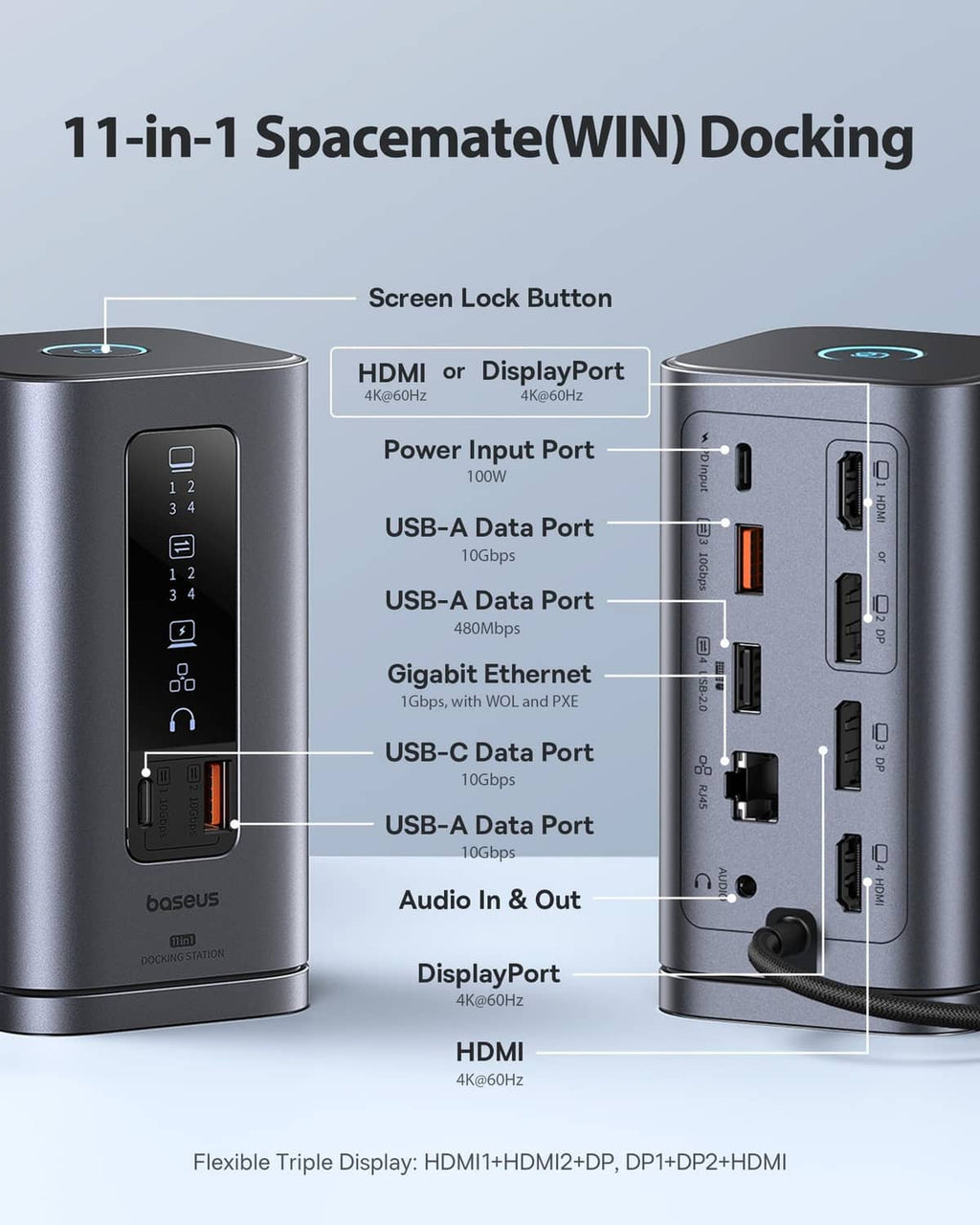 Space grey docking station showing port panel: HDMI, USB, Ethernet, power