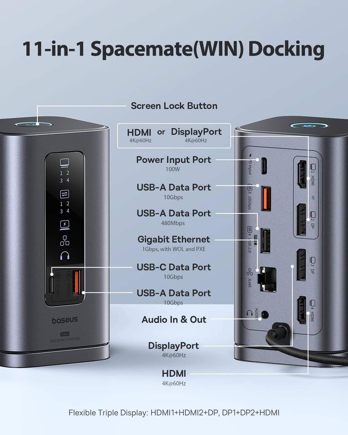 Space grey docking station showing port panel: HDMI, USB, Ethernet, power