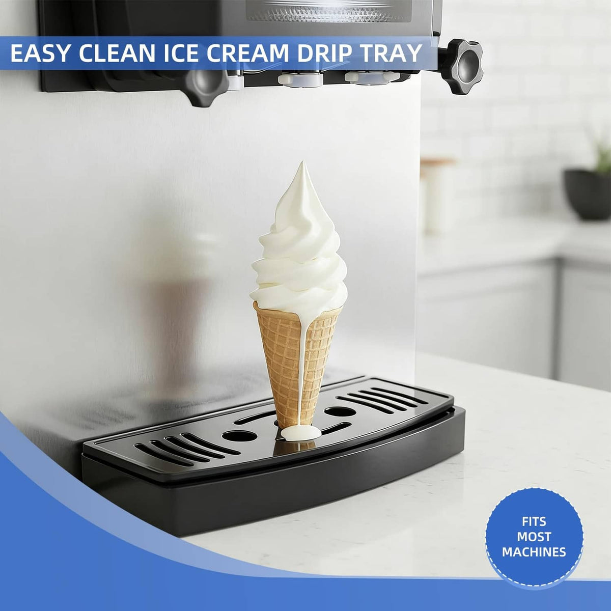 Black soft serve front drip tray under a cone of ice cream, with slotted top