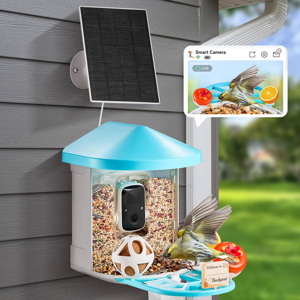 Smart solar bird feeder with camera, blue roof and white body with clear feed window.