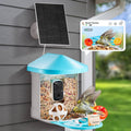 Smart solar bird feeder with camera, blue roof and white body with clear feed window.
