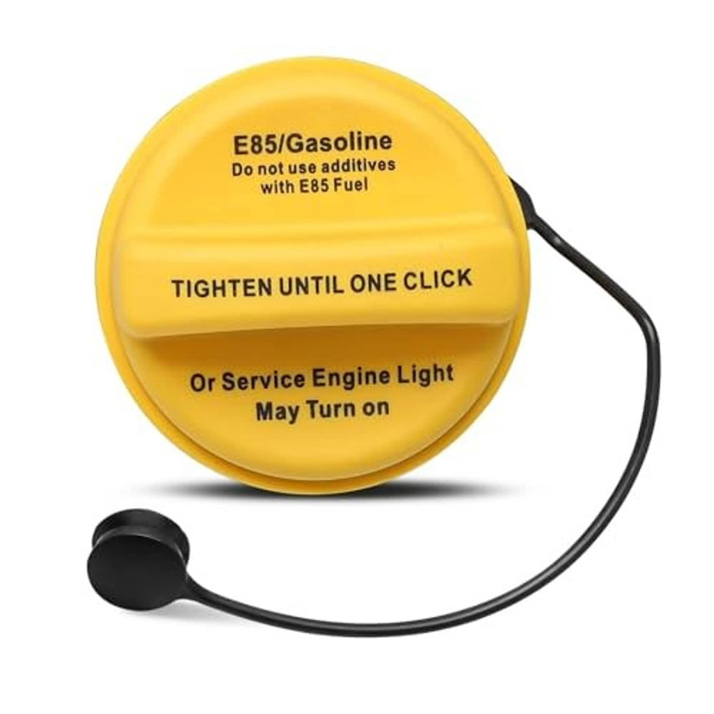 Yellow fuel tank gas cap with tethered black pull cord, E85/Gasoline label