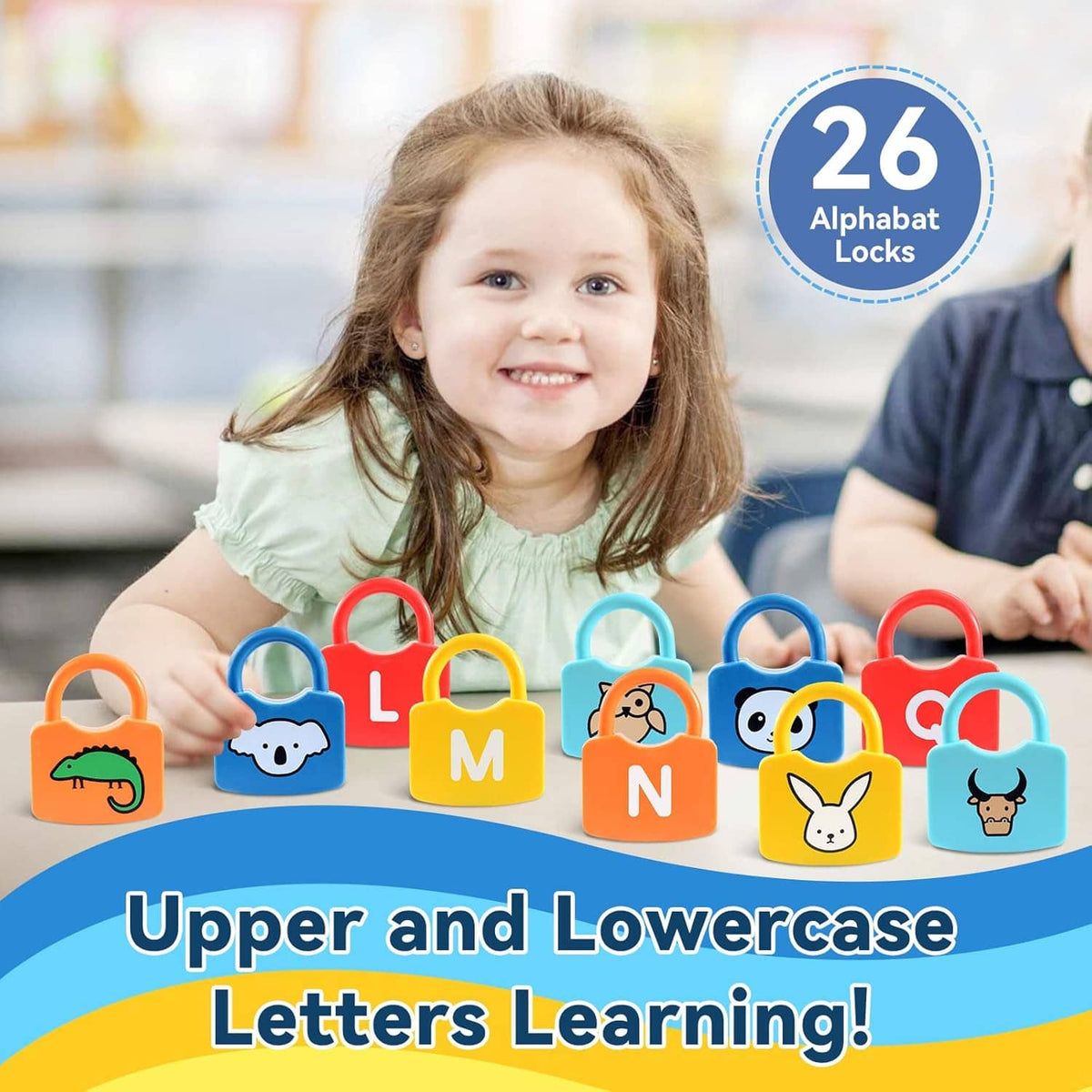 Toddler alphabet lock set with colorful animal and letter padlocks on a play table