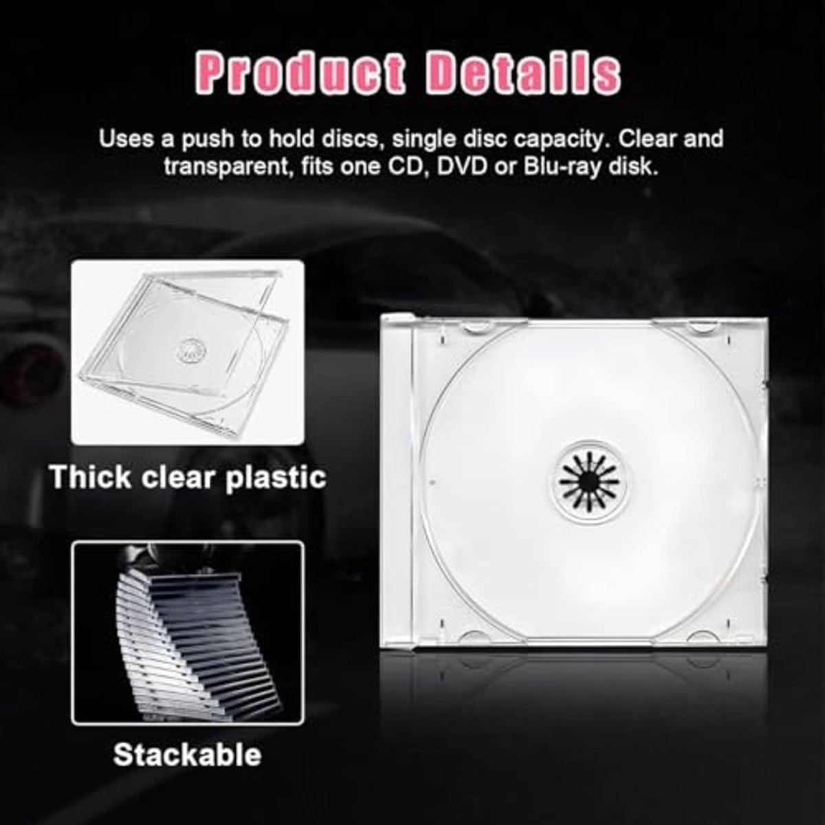 Clear thick-plastic single-disc CD jewel case with transparent tray, stackable design