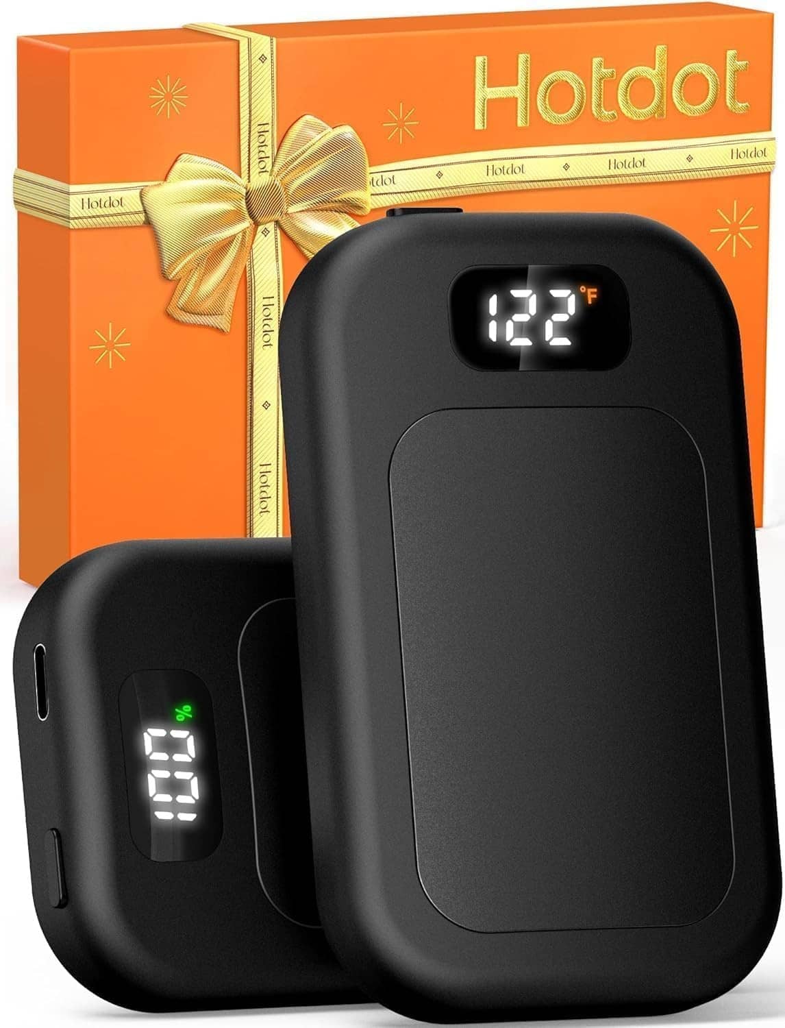 Rechargeable black hand warmer with digital 122°F display, compact power unit