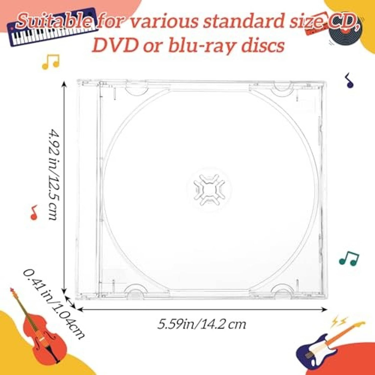 Clear CD jewel case template with front disc tray outline and size markings