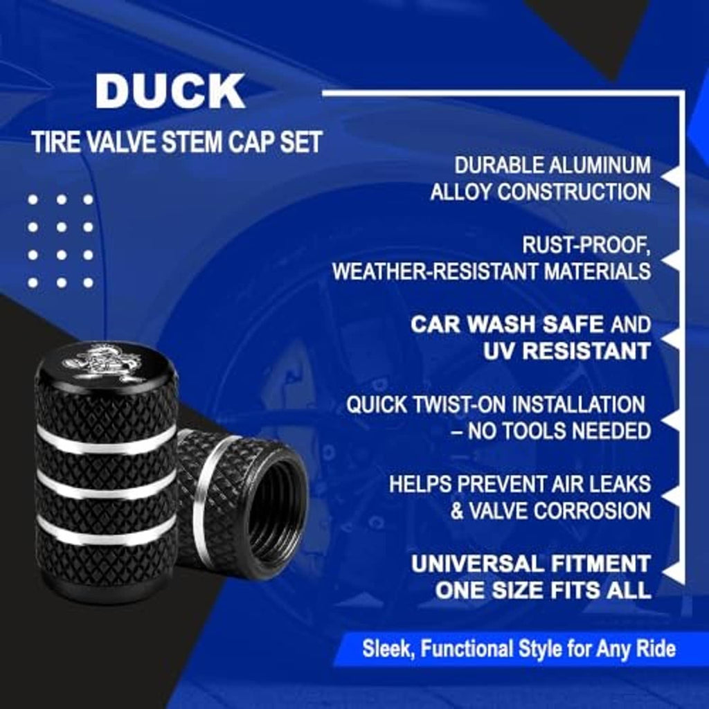 Black tire valve stem cap set with duck emblem, textured sides, and silver striped rings