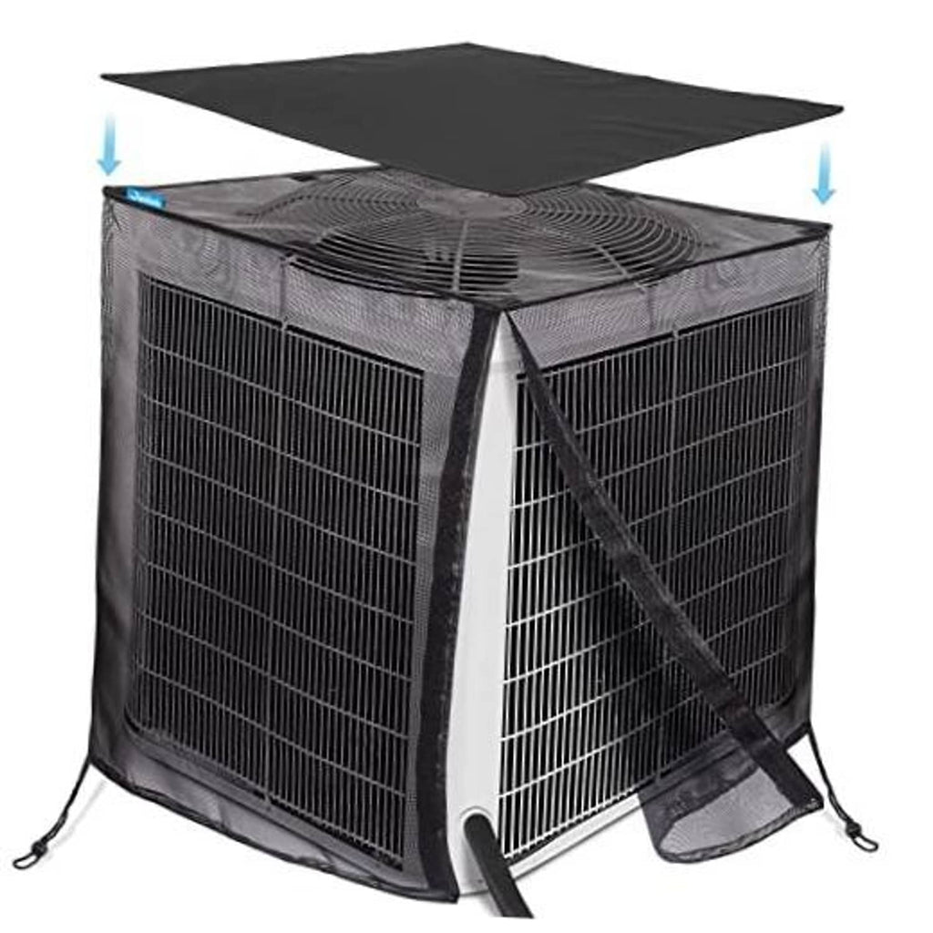 Outdoor air conditioner unit cover with dark mesh sides and top, fitted with straps