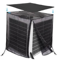 Outdoor air conditioner unit cover with dark mesh sides and top, fitted with straps