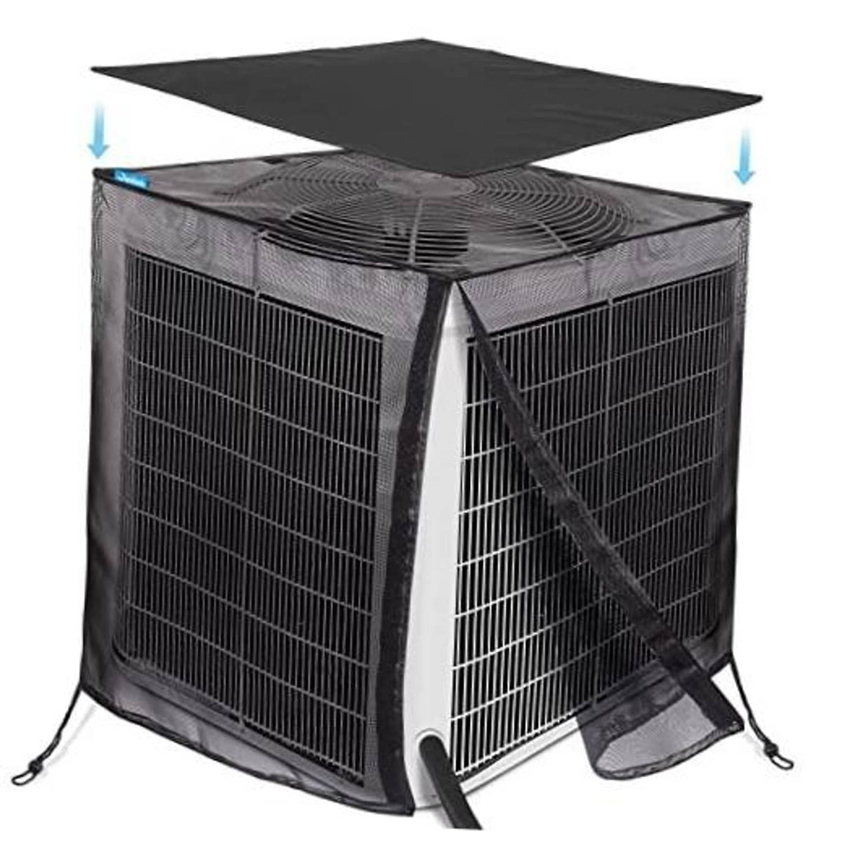 Outdoor air conditioner unit cover with dark mesh sides and top, fitted with straps