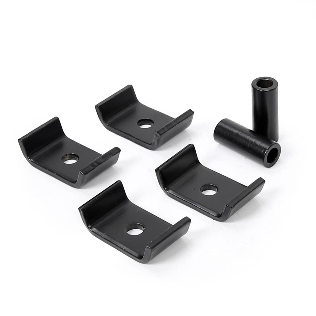 Black curved mounting brackets with bolt holes and small cylindrical sleeve parts