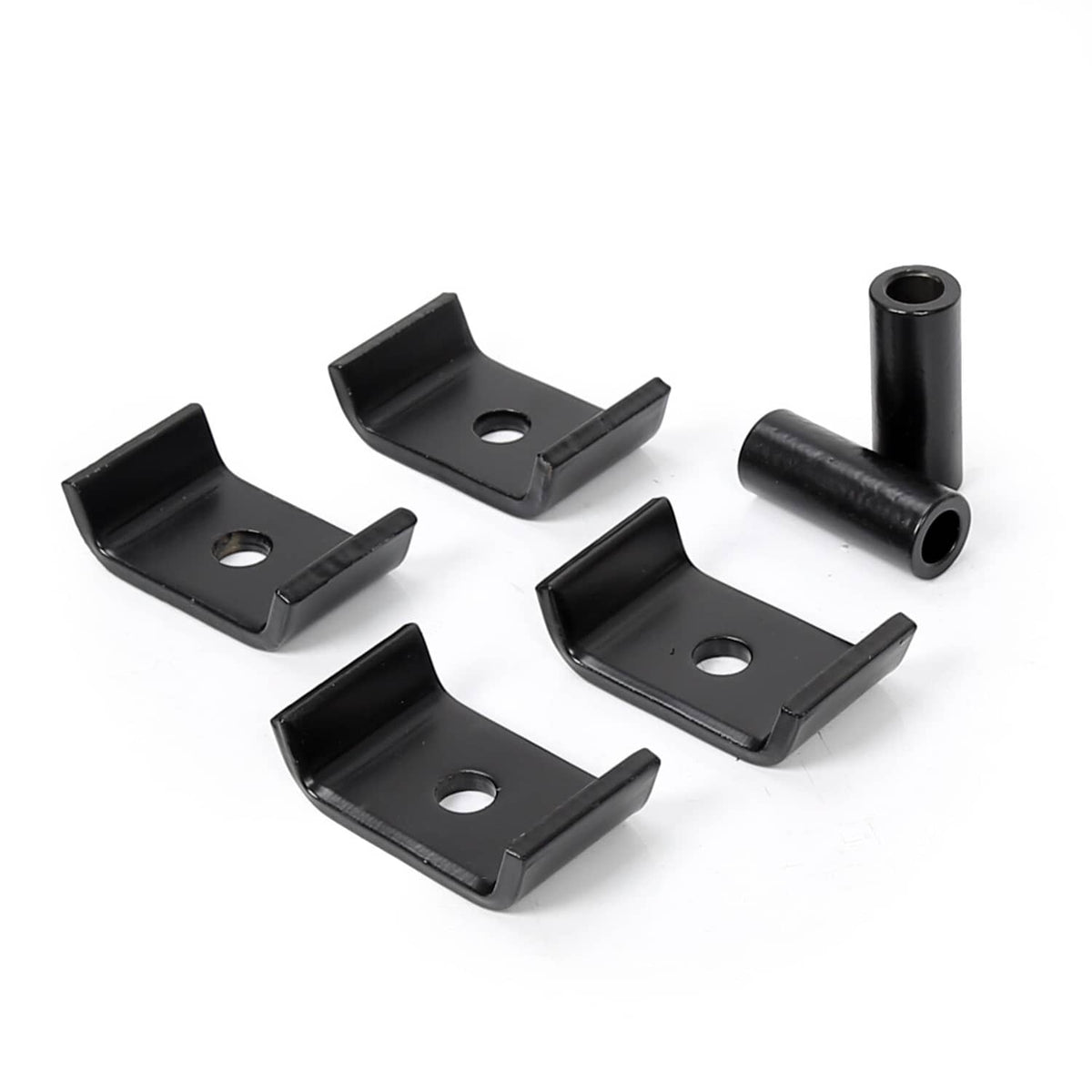 Black curved mounting brackets with bolt holes and small cylindrical sleeve parts