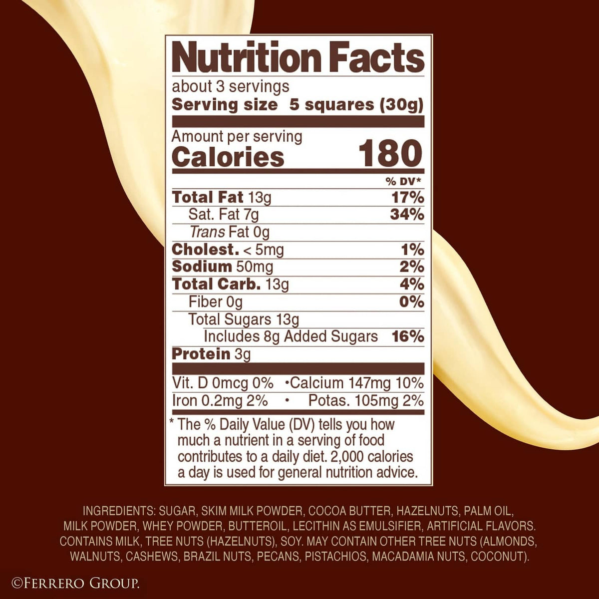 Nutrition facts panel for Ferrero Rocher white hazelnut chocolate bar