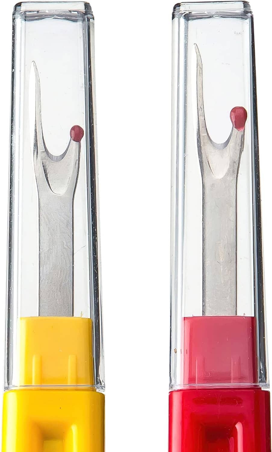 Yellow and red seam rippers in clear plastic protective cases
