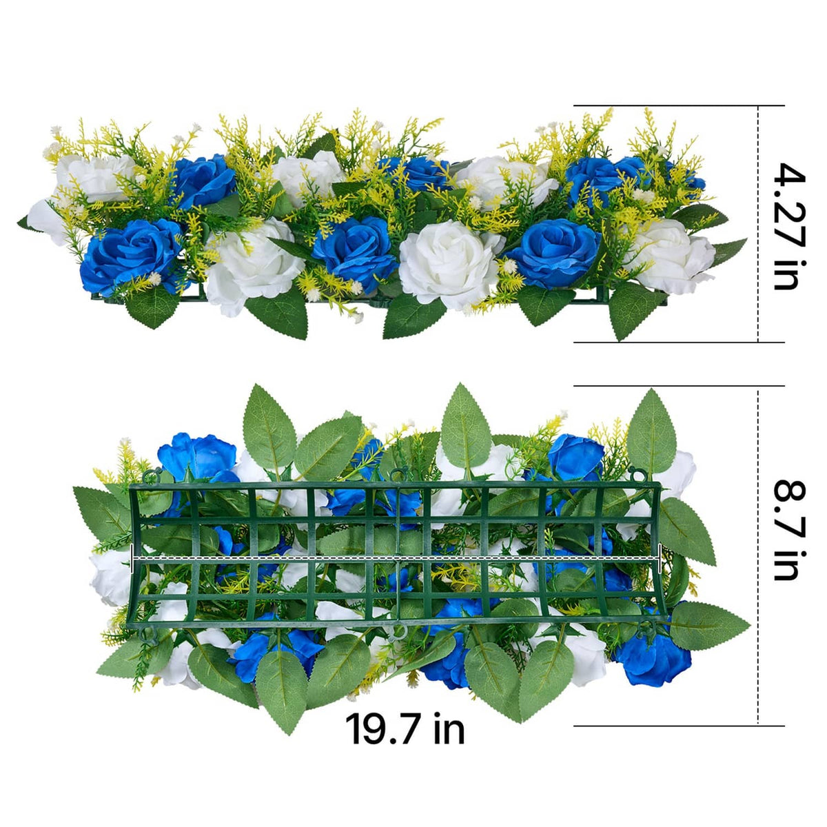 Blue and white artificial flower arrangements with green leaves over a decorative grid