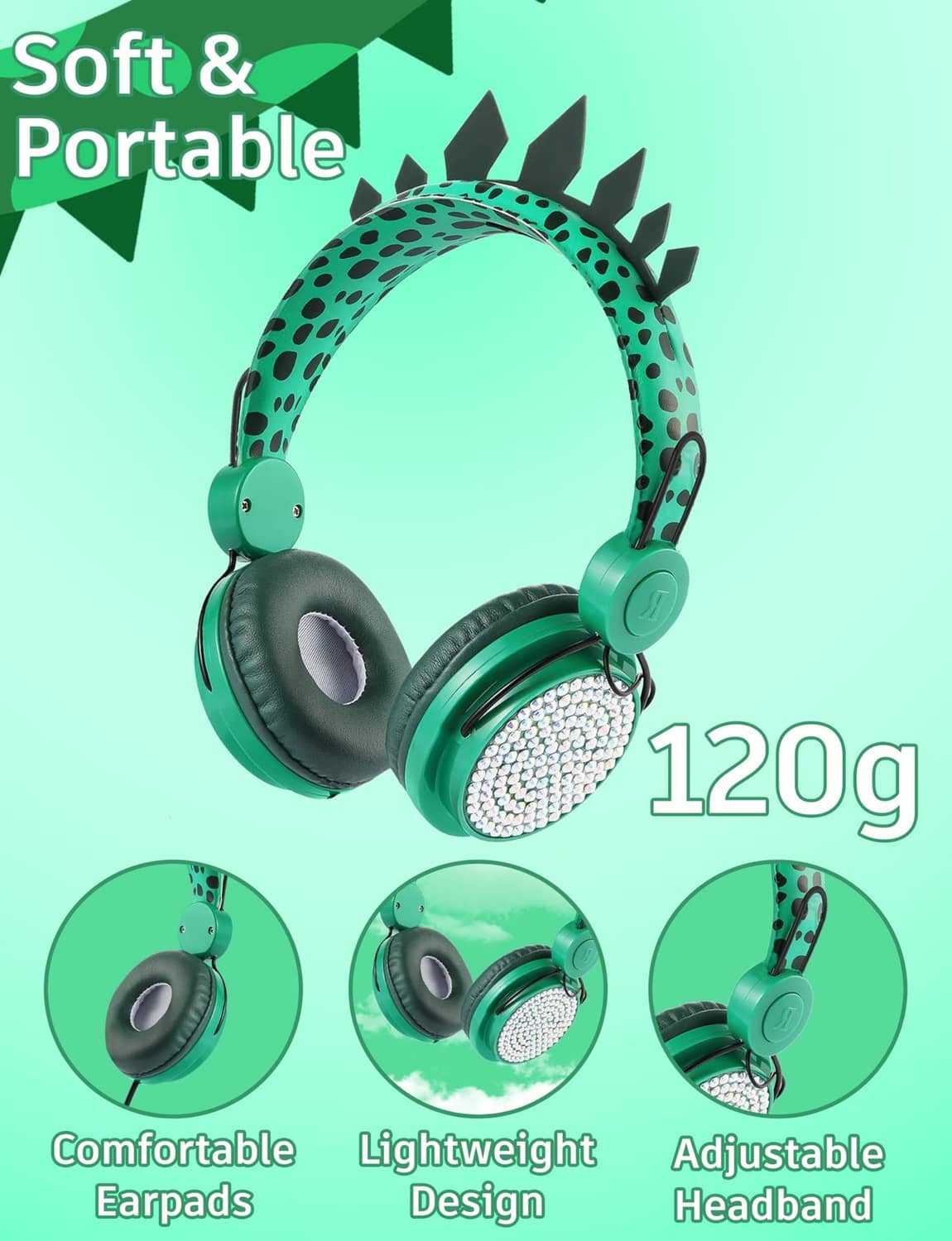 Green dinosaur kids wired headphones, lightweight over-ear design with adjustable headband