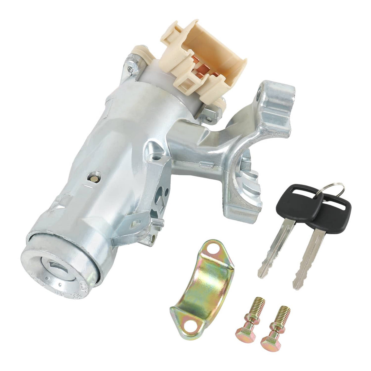 Ignition switch cylinder assembly with two keys, silver metal and beige connector