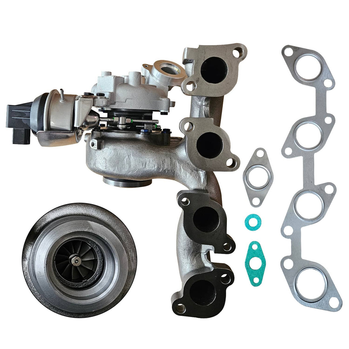 Turbocharger assembly with gaskets and seals; silver housing, black intake openings