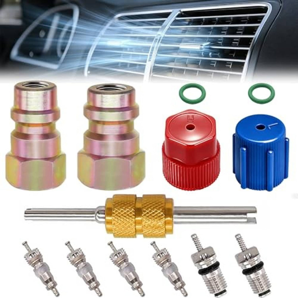 A/C conversion fitting kit with gold coupling, red/blue caps, and multi-piece fittings