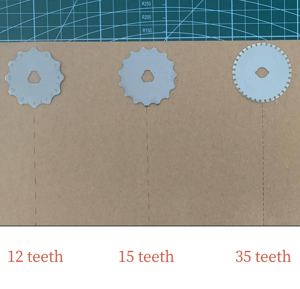 Rotary cutter blade discs on fabric base: 12 teeth, 15 teeth, and 35 teeth