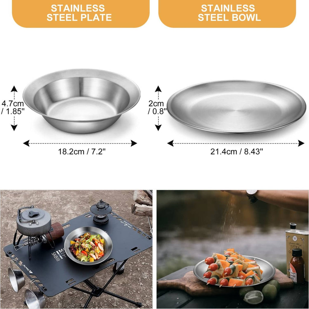 Stainless steel plate and bowl set for camping, nesting in compact design