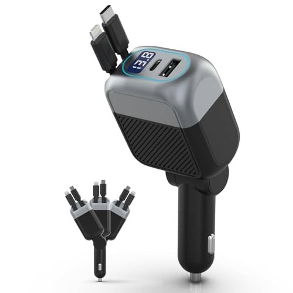 Retractable car charger with digital screen, dual ports, and multiple cable connector tips