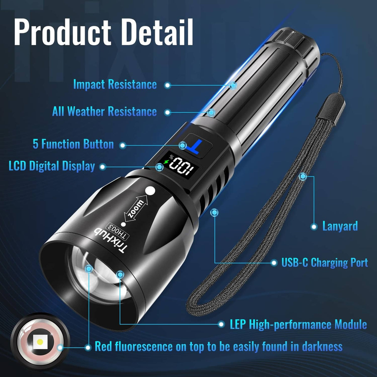 Black rechargeable flashlight with LCD display, side buttons, and lanyard
