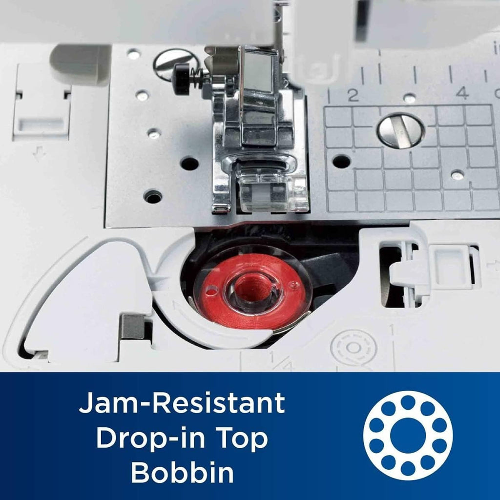 Sewing machine drop-in top bobbin compartment with jam-resistant design