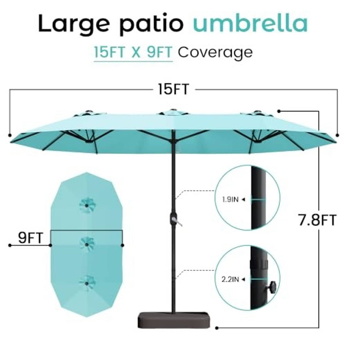 Turquoise patio umbrella with black center pole and size coverage diagram