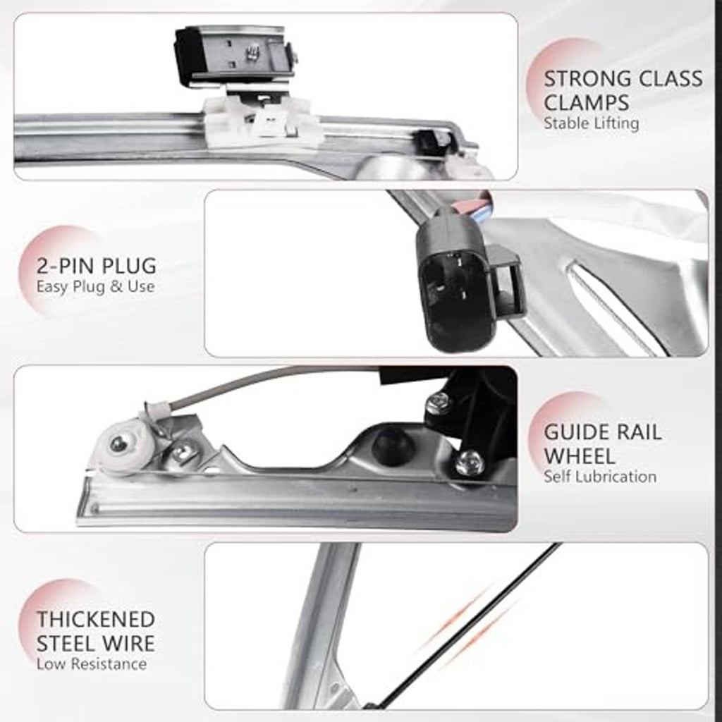 Window regulator guide rail with 2-pin plug, steel frame, and cable routing