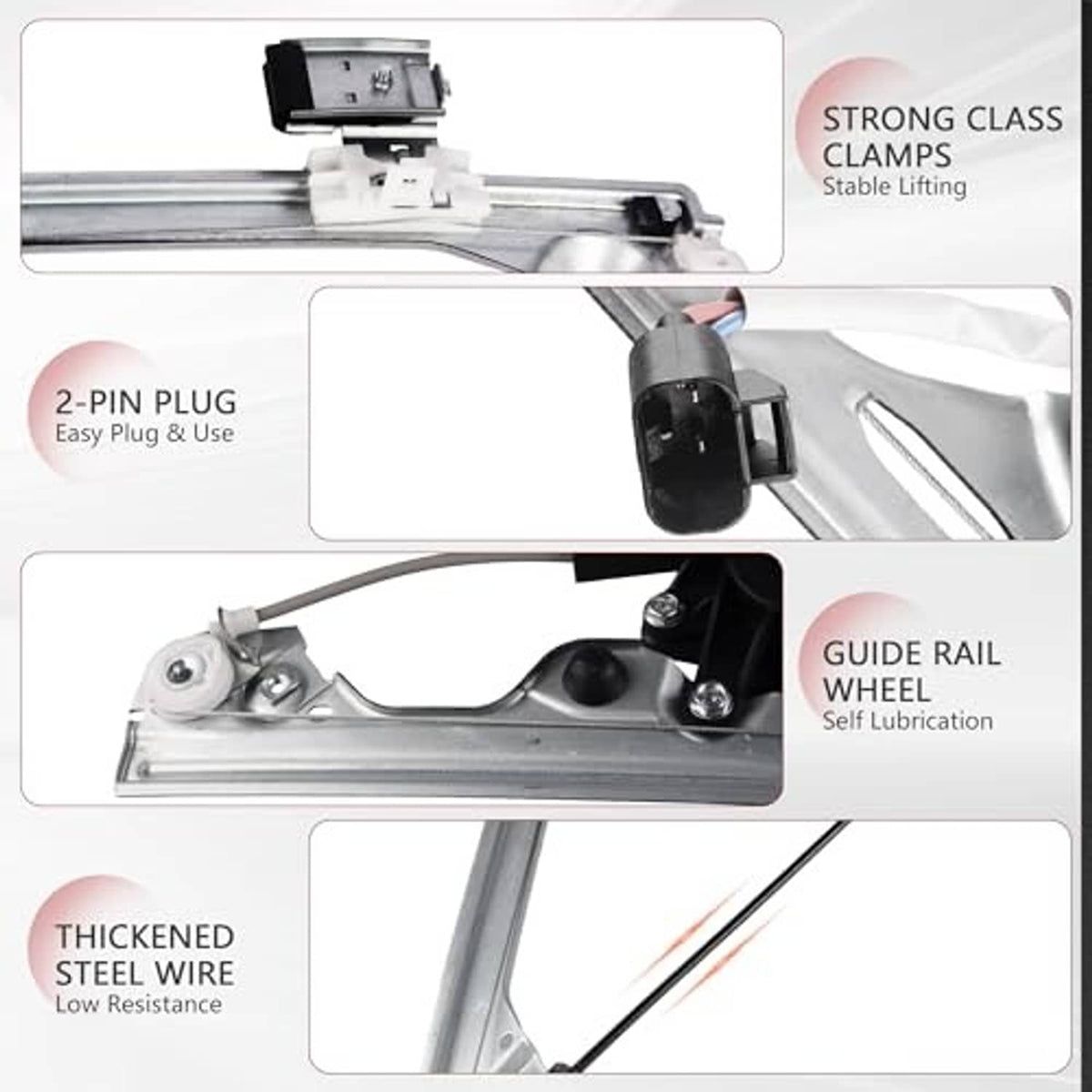 Window regulator guide rail with 2-pin plug, steel frame, and cable routing