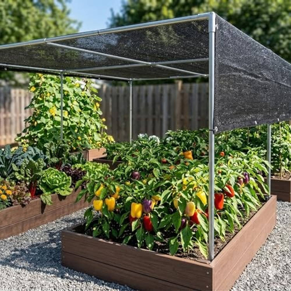 Black sun shade cloth over a raised garden bed on a metal support frame