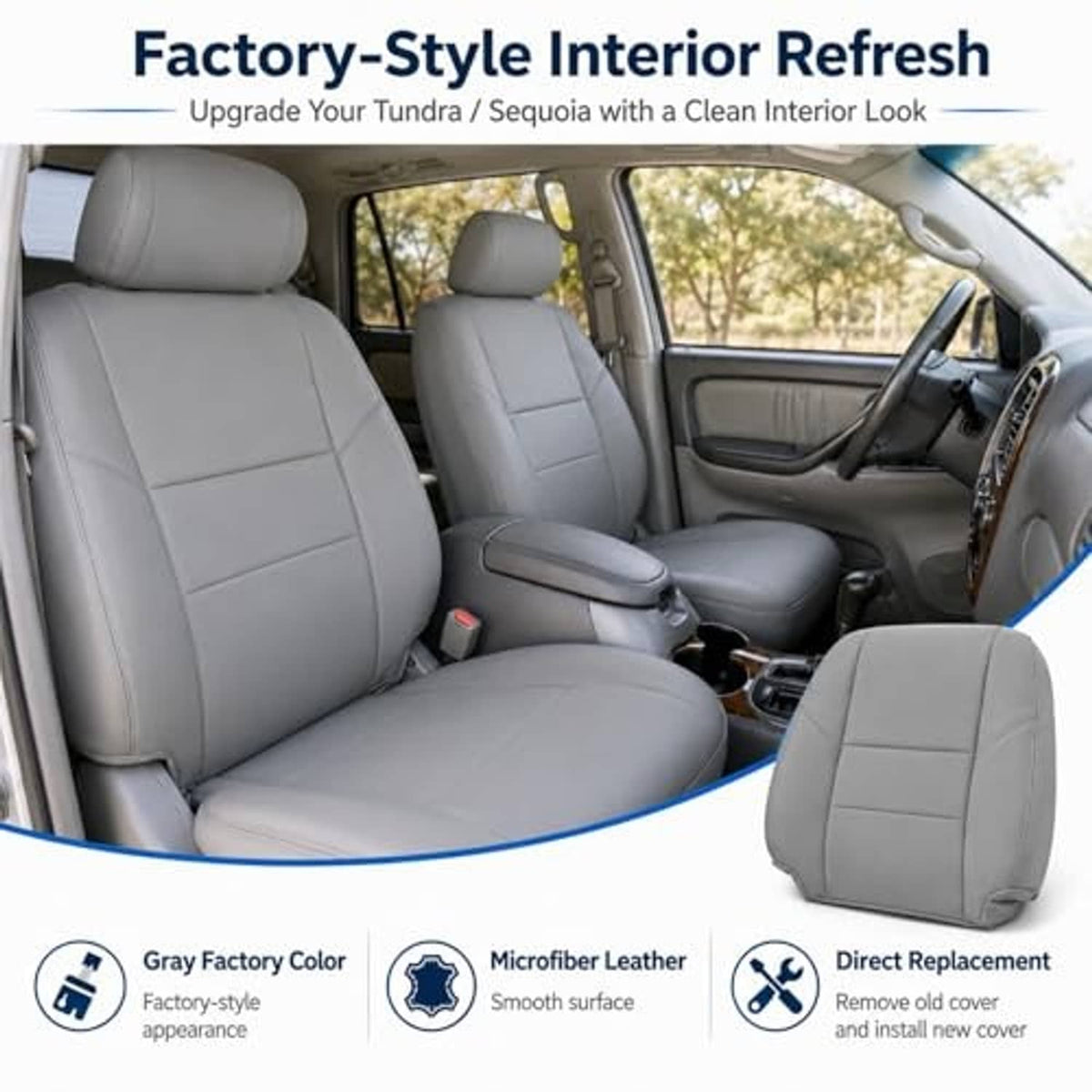 Gray front seat cover set installed with matching headrest and seat cushion panels