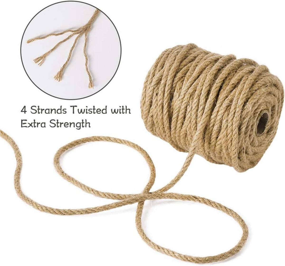 4-strand twisted jute rope, natural beige-brown, loose ends and wrapped coil shown.