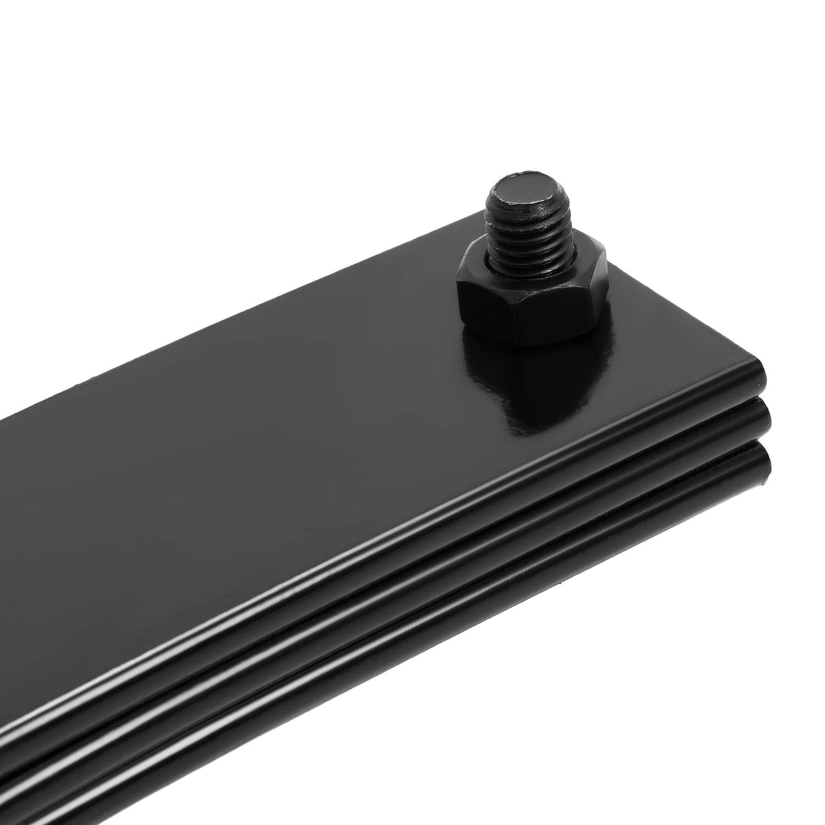 Close-up of black leaf spring end with threaded stud and hex mounting hole