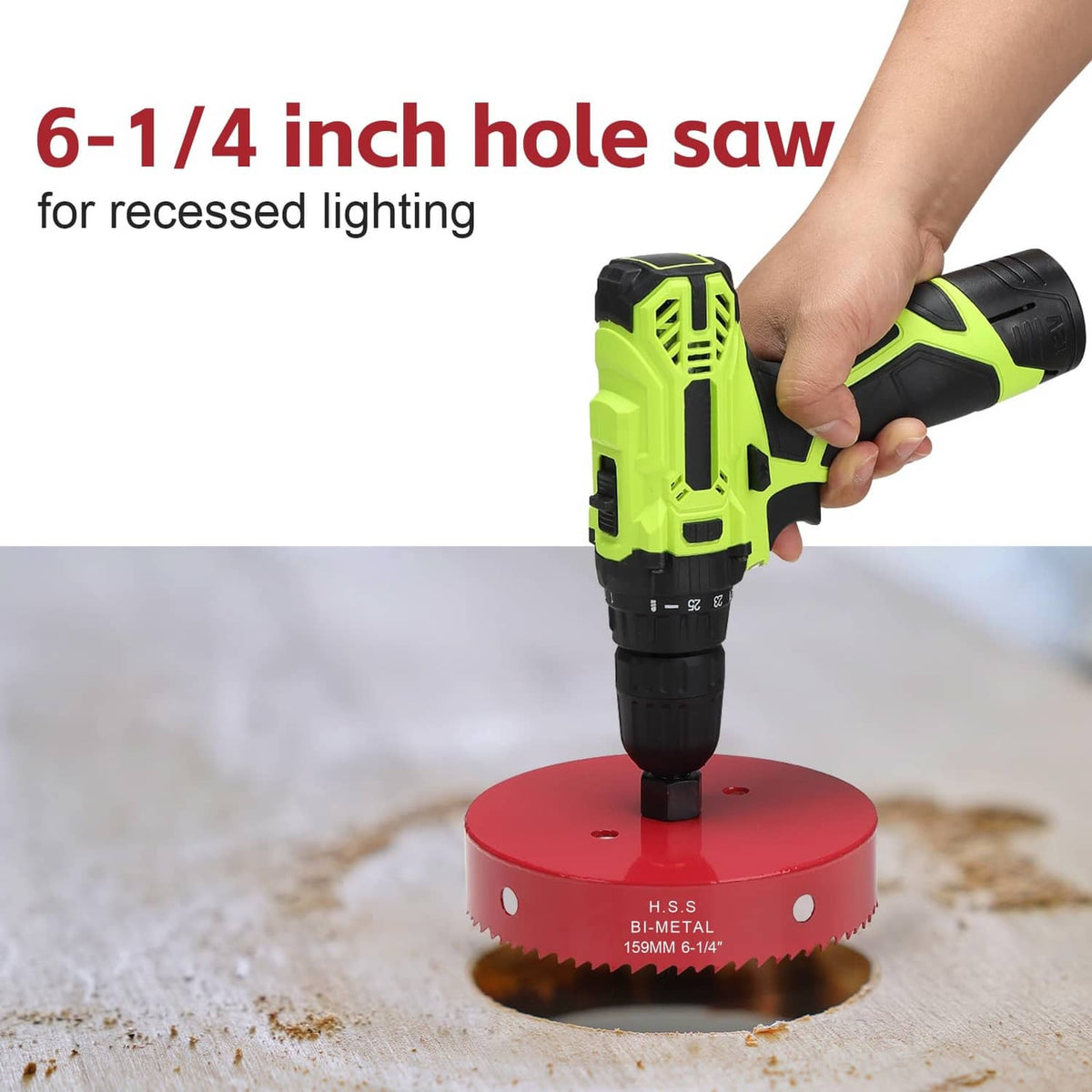 Red bi-metal hole saw mounted on drill with green-and-black cordless driver