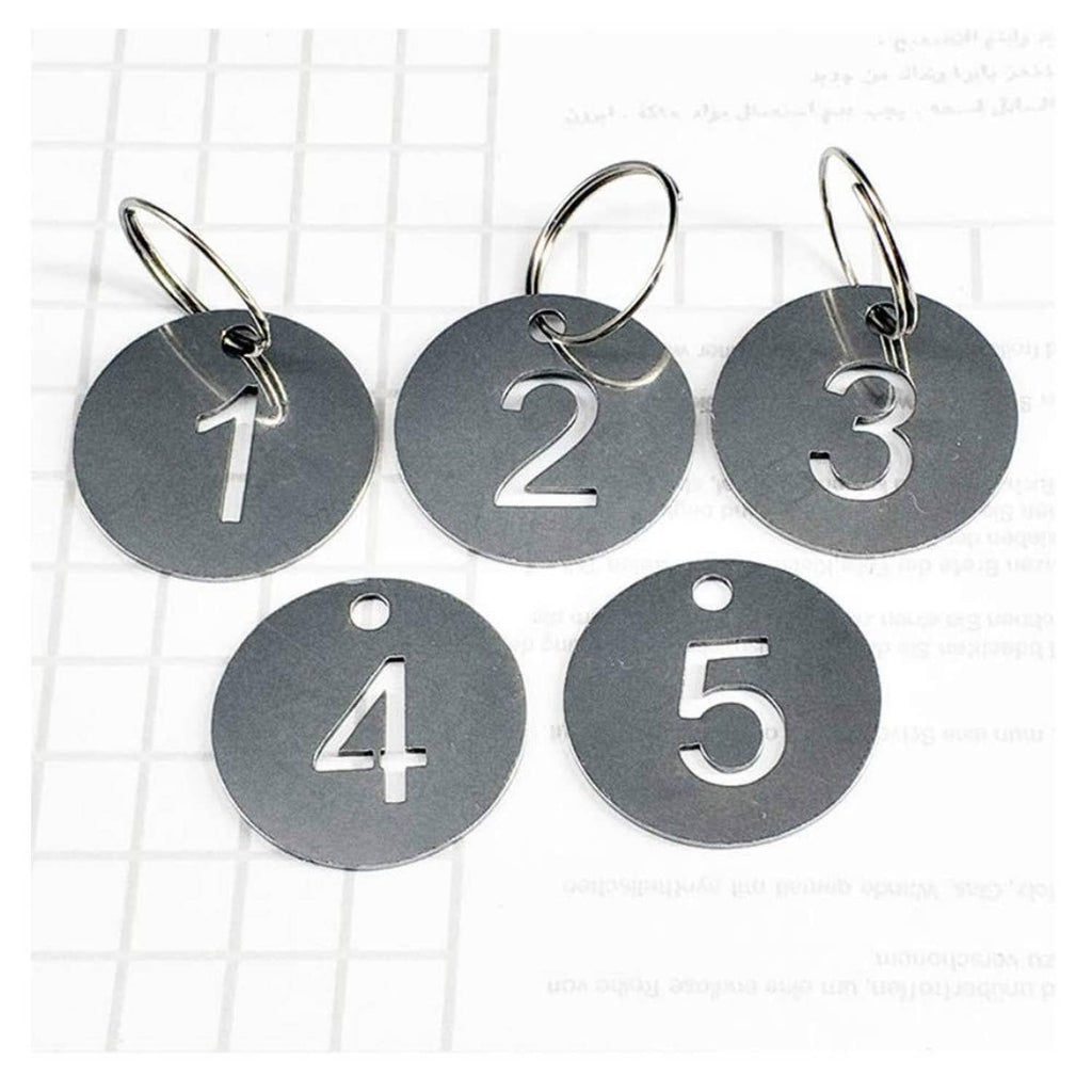 Stainless steel number key tags with rings, showing tags 1–5