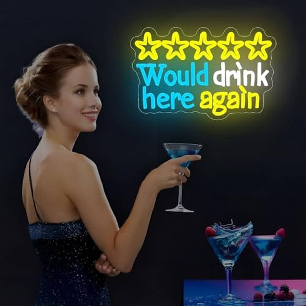 Neon wall sign with five glowing stars and text “Would drink here again” in blue, yellow, and orange.