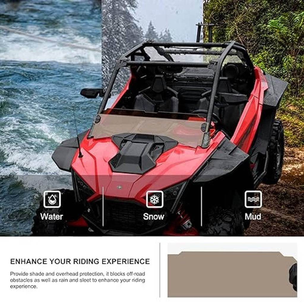 Tinted half windshield for off-road UTV with clear-gray panel and black mounting hardware