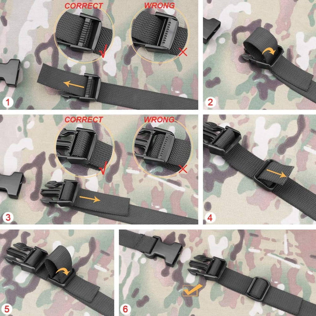 Dark gray packing strap buckle placement for secure fastening, adjustable 1-inch webbing