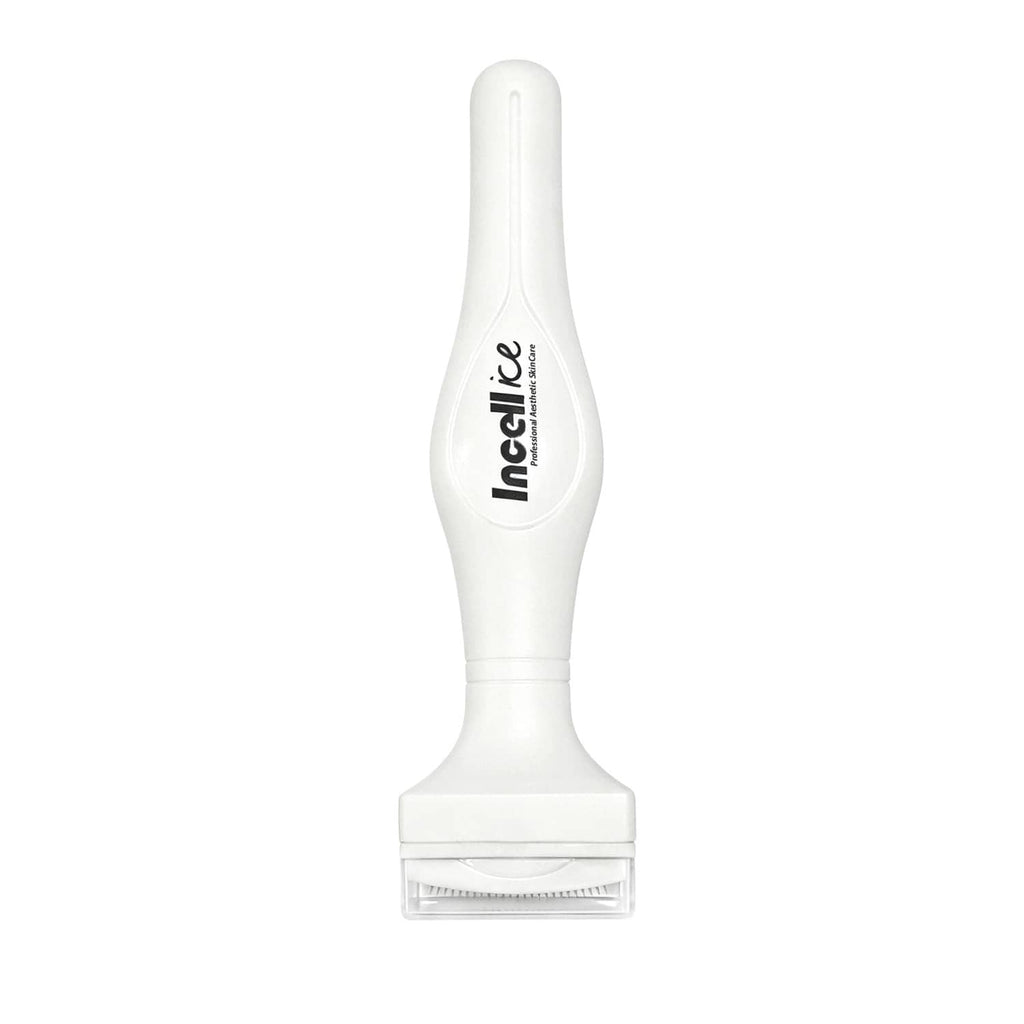 Incellice titanium microneedle stamp with safety cap removed, face needle head