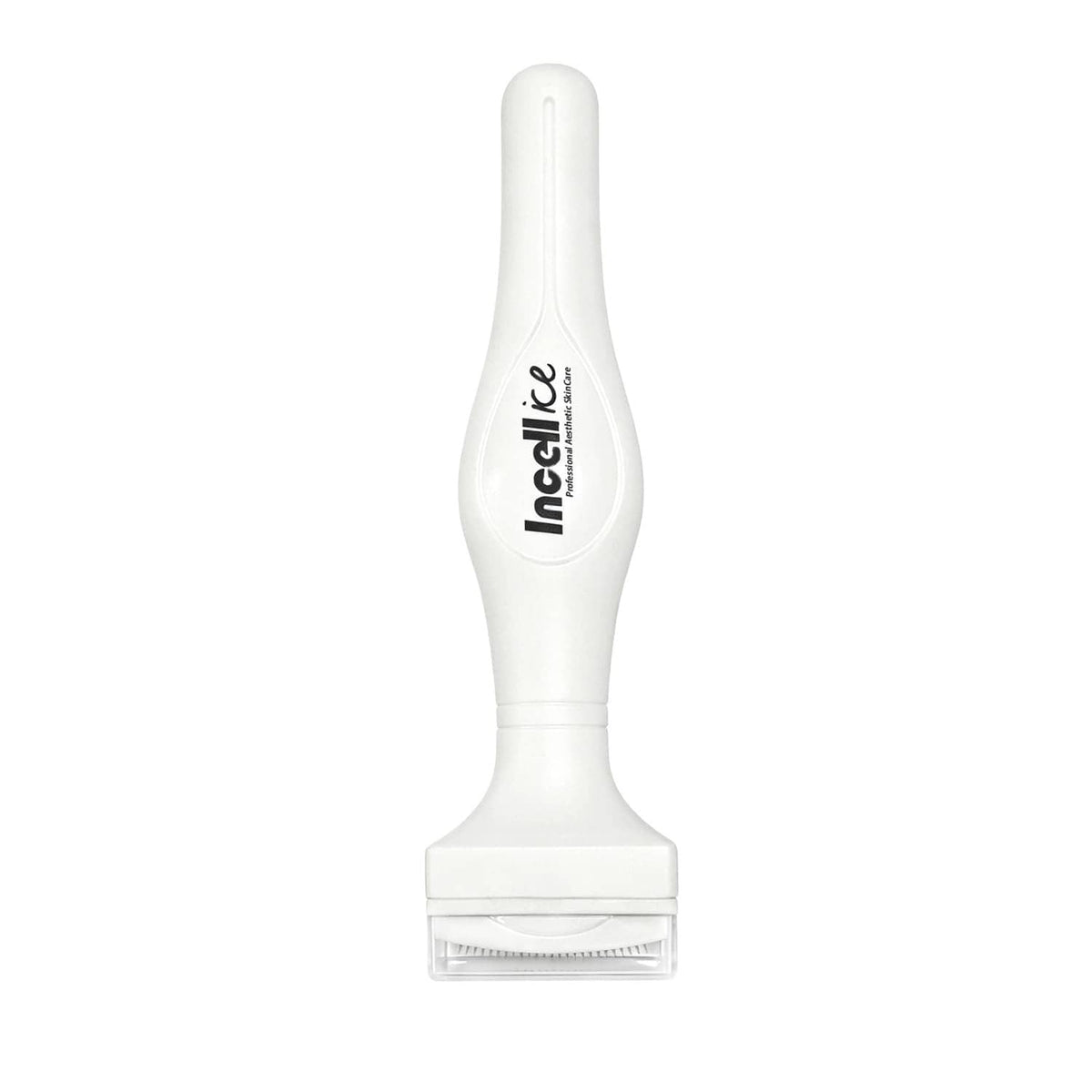 Incellice titanium microneedle stamp with safety cap removed, face needle head