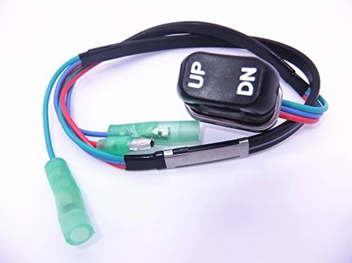 Outboard trim and tilt switch housing with UP/DN labels and multicolor wiring