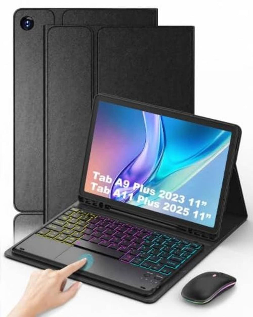 Black folio tablet case with keyboard and trackpad, tablet angled for typing; mouse included