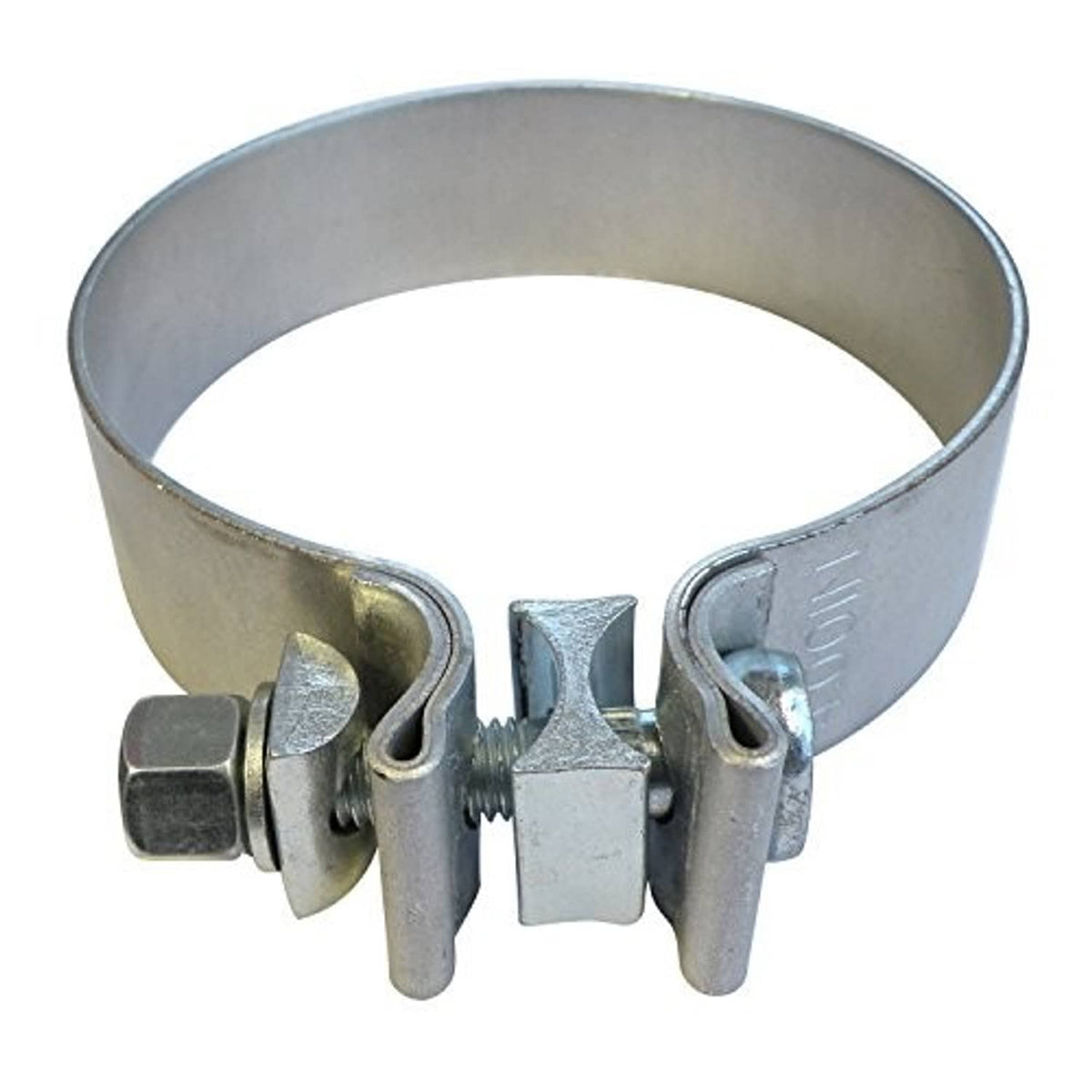 Metallic gray steel exhaust clamp with split tabs and screw tightener