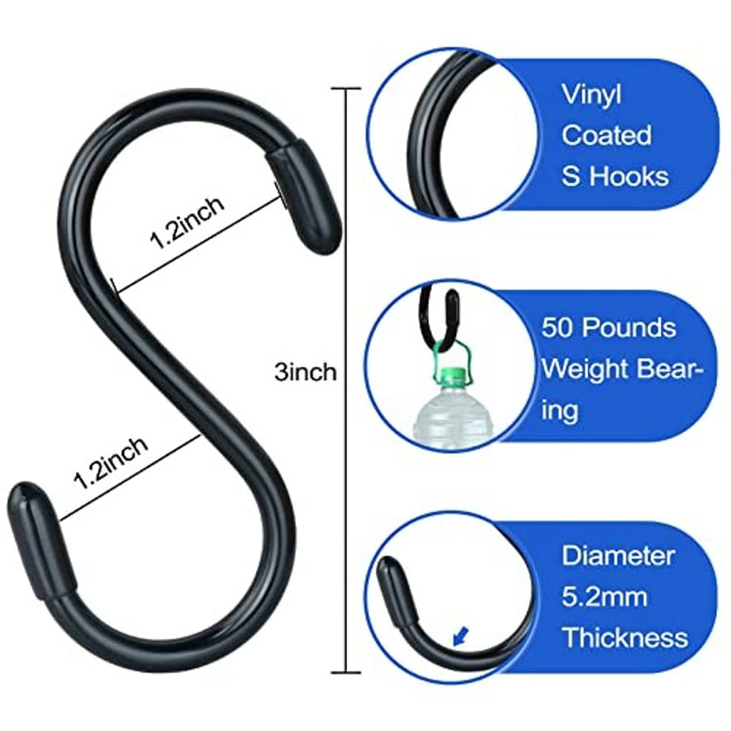 Black vinyl-coated S hook with sizing diagram showing 3 inch length and 1.2 inch width.