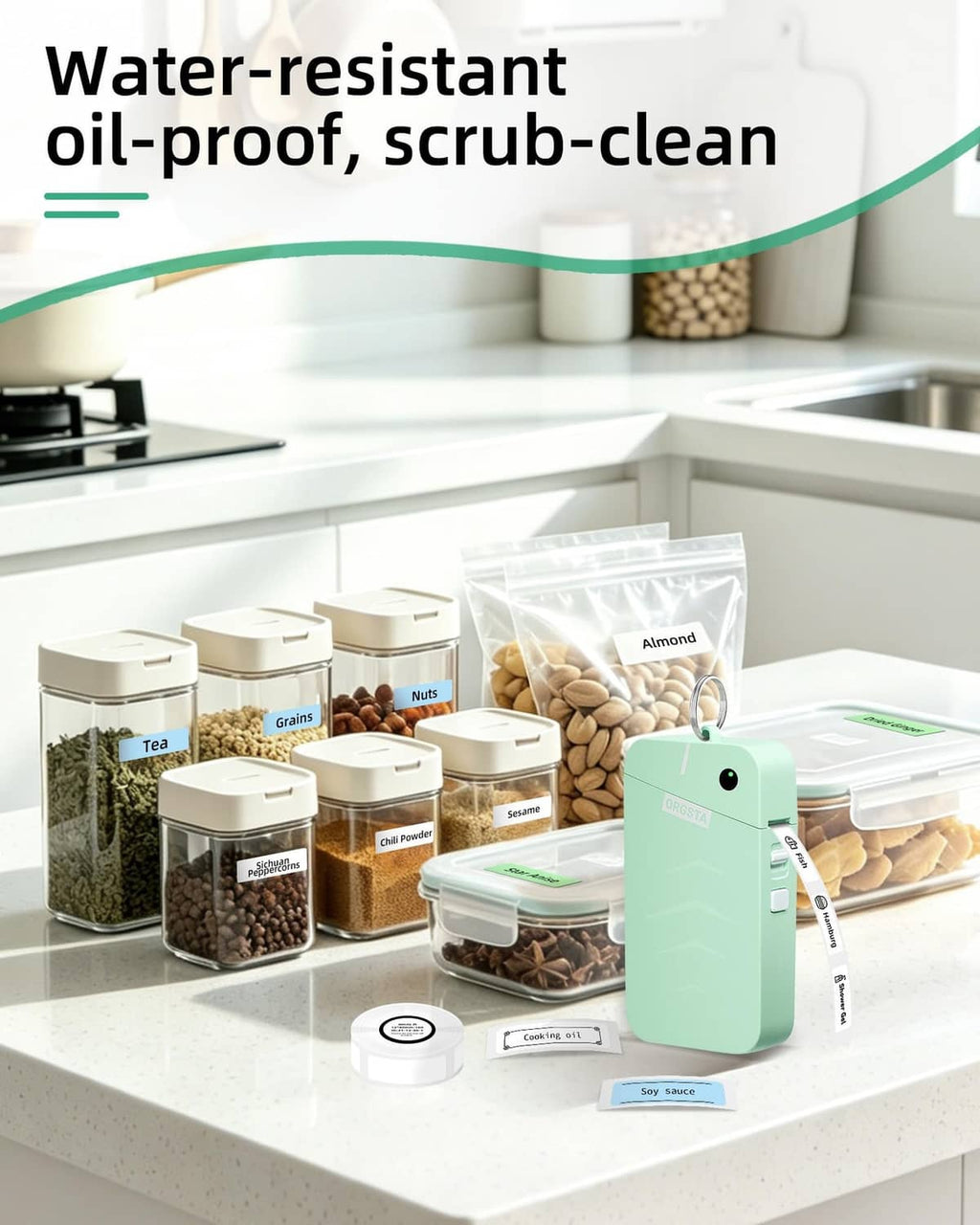 Green label maker beside kitchen food containers and clear storage bins