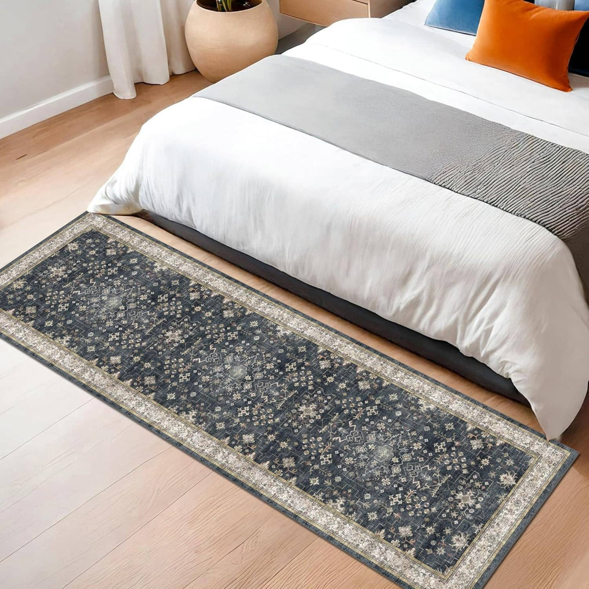 Dark boho runner rug with light border, low-pile flatweave